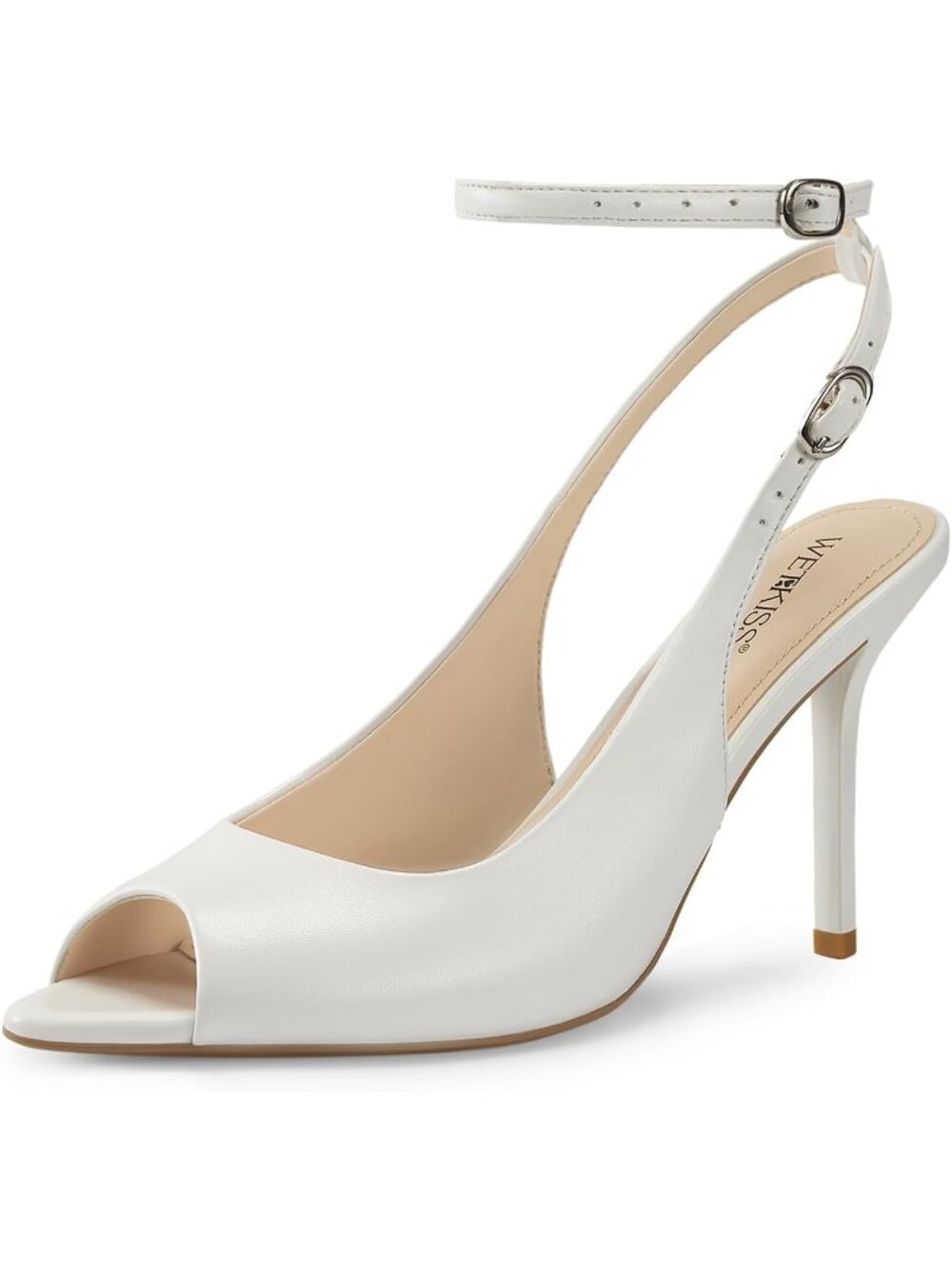 Women's Matte White Faux Leather Open Pointed Peep Toe Ankle Strap High Heels